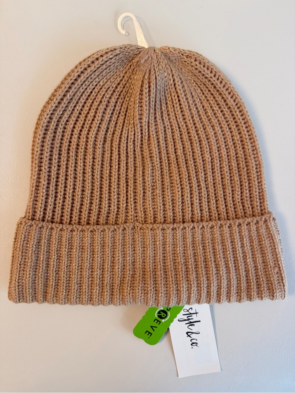 Style & Co. Ribbed Fold-Over Beanie - Tan & Gold Shimmer
